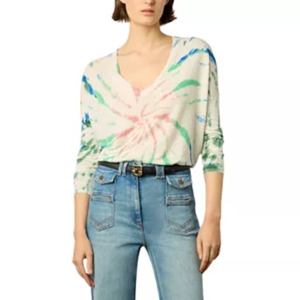 GERARD DAREL SIZE 2 100% linen Lance Tie Dyed Top sweater v-neck